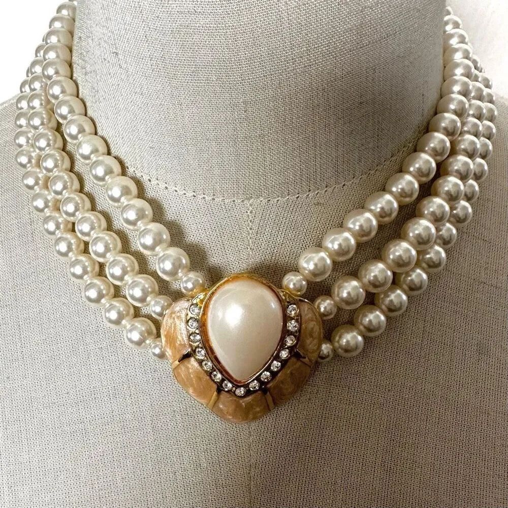 Vintage 3 Strand Faux Pearl Enamel Rhinestone Statement necklace